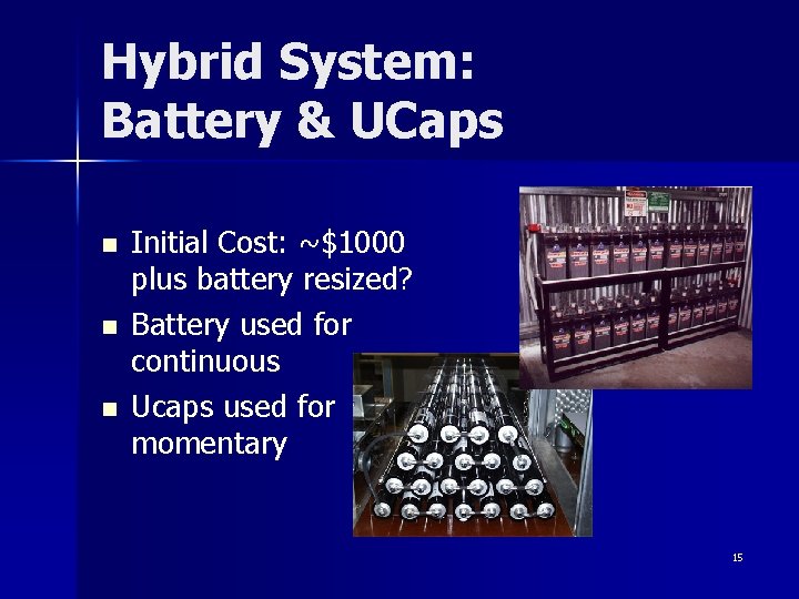 Hybrid System: Battery & UCaps n n n Initial Cost: ~$1000 plus battery resized?