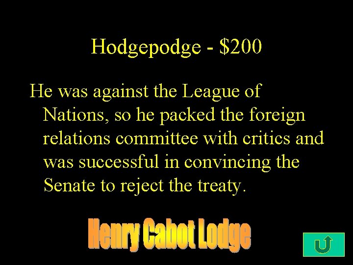 Hodgepodge - $200 He was against the League of Nations, so he packed the