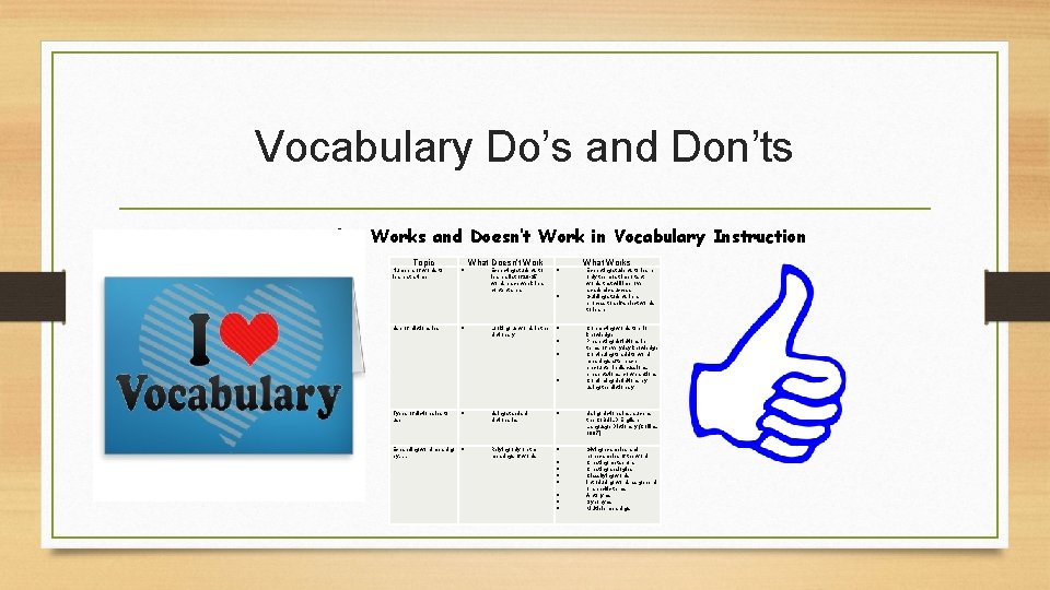 Vocabulary Do’s and Don’ts What Works and Doesn’t Work in Vocabulary Instruction Topic Numbers