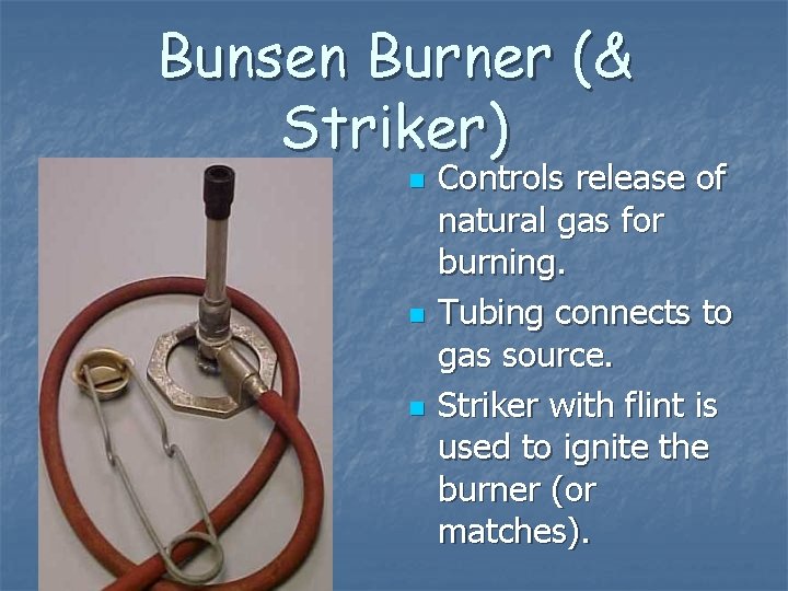 Bunsen Burner (& Striker) n n n Controls release of natural gas for burning.