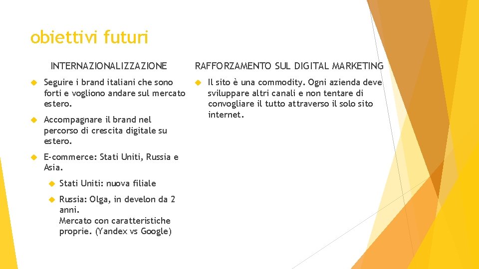 obiettivi futuri INTERNAZIONALIZZAZIONE Seguire i brand italiani che sono forti e vogliono andare sul