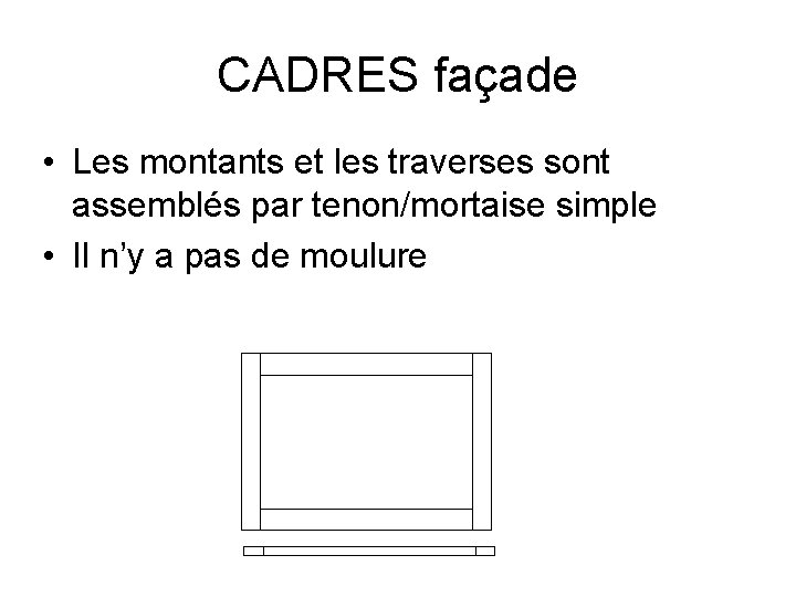 CADRES façade • Les montants et les traverses sont assemblés par tenon/mortaise simple •