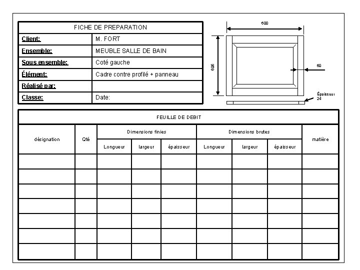 600 FICHE DE PREPARATION M. FORT Ensemble: MEUBLE SALLE DE BAIN Sous ensemble: Coté