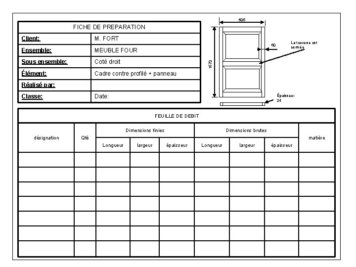 605 FICHE DE PREPARATION Client: M. FORT 60 MEUBLE FOUR Sous ensemble: Coté droit