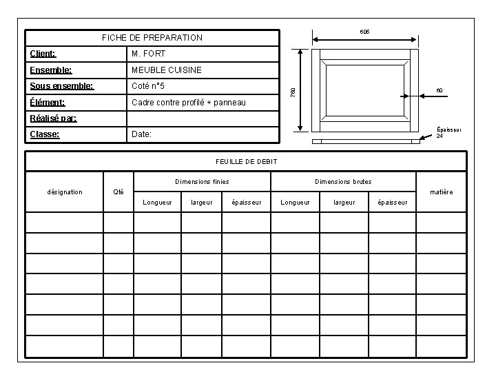 605 FICHE DE PREPARATION M. FORT Ensemble: MEUBLE CUISINE Sous ensemble: Coté n° 5