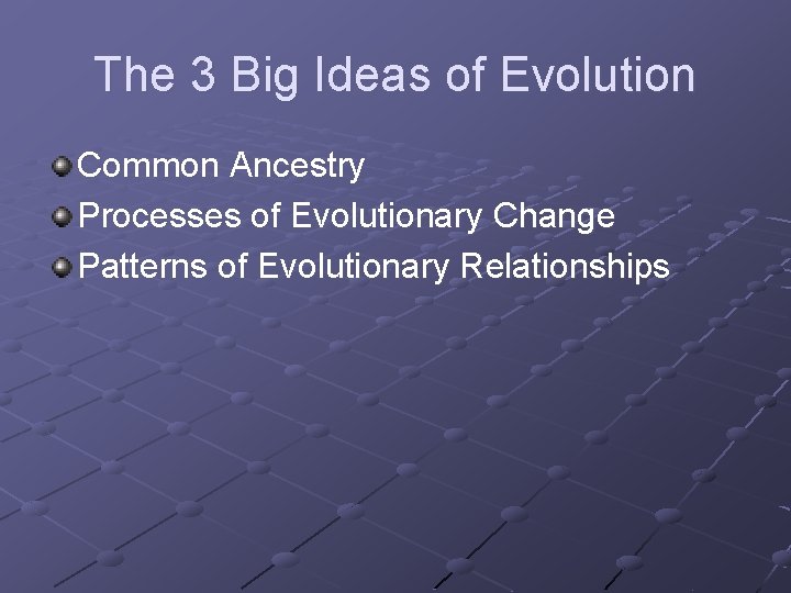The 3 Big Ideas of Evolution Common Ancestry Processes of Evolutionary Change Patterns of