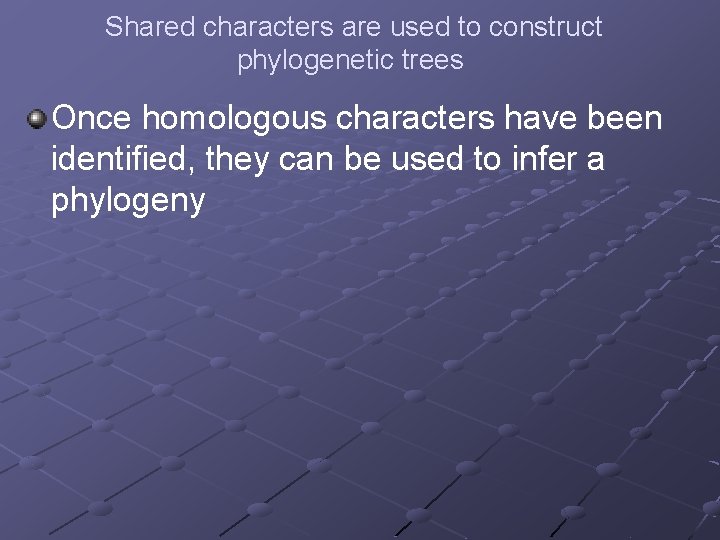 Shared characters are used to construct phylogenetic trees Once homologous characters have been identified,