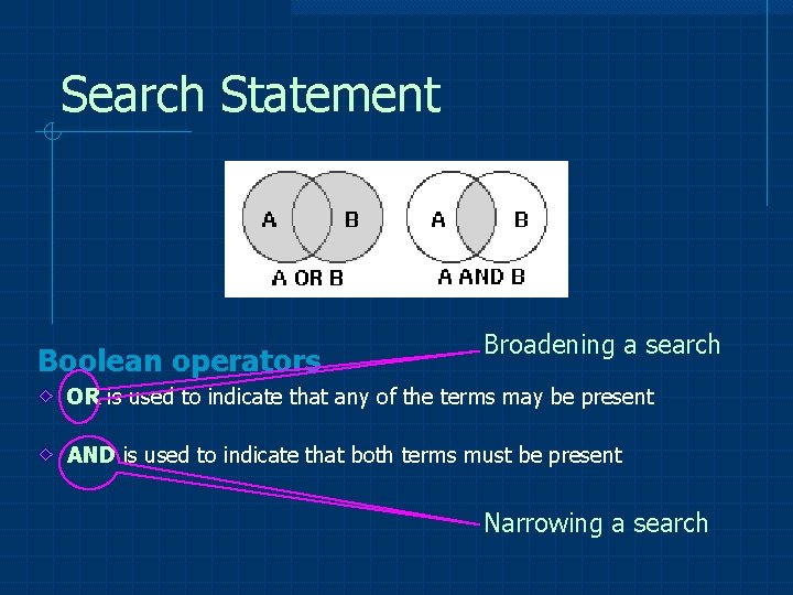Search Statement Boolean operators Broadening a search OR is used to indicate that any