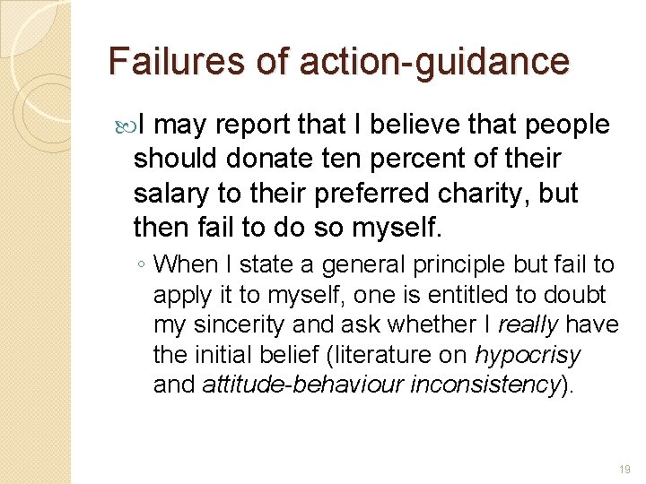 Failures of action-guidance I may report that I believe that people should donate ten