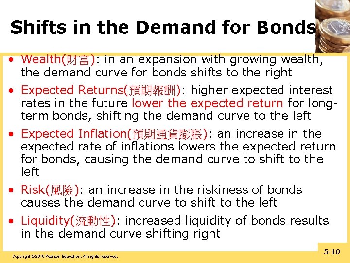 Shifts in the Demand for Bonds • Wealth(財富): in an expansion with growing wealth,
