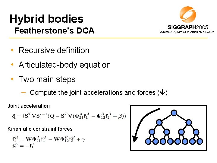 Hybrid bodies Featherstone’s DCA Adaptive Dynamics of Articulated Bodies • Recursive definition • Articulated-body