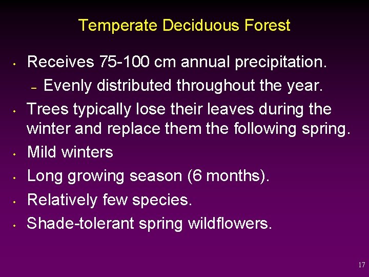 Temperate Deciduous Forest • • • Receives 75 -100 cm annual precipitation. – Evenly