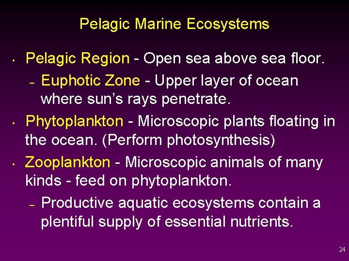 Pelagic Marine Ecosystems • • • Pelagic Region - Open sea above sea floor.