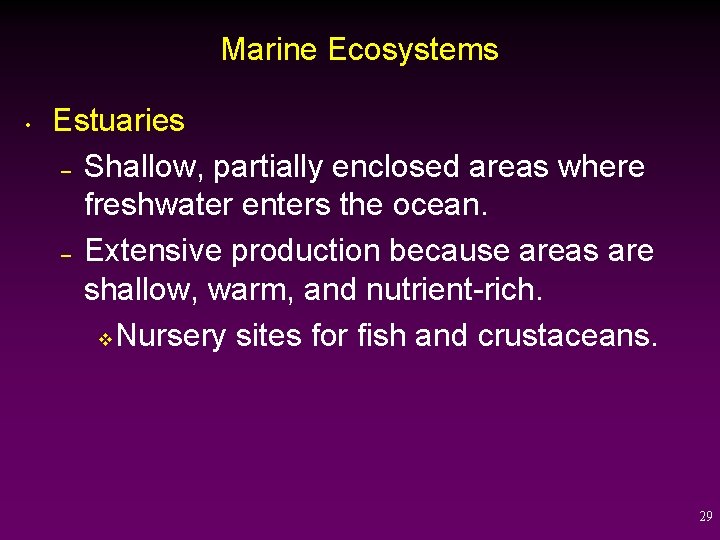 Marine Ecosystems • Estuaries – Shallow, partially enclosed areas where freshwater enters the ocean.