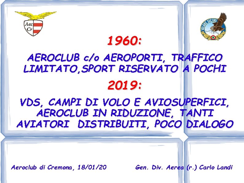 1960: AEROCLUB c/o AEROPORTI, TRAFFICO LIMITATO, SPORT RISERVATO A POCHI 2019: VDS, CAMPI DI