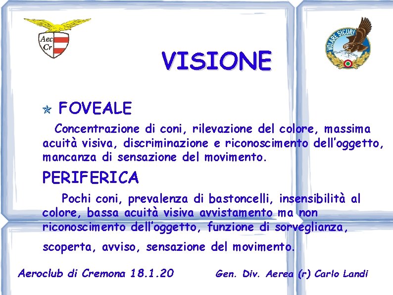 VISIONE FOVEALE Concentrazione di coni, rilevazione del colore, massima acuità visiva, discriminazione e riconoscimento