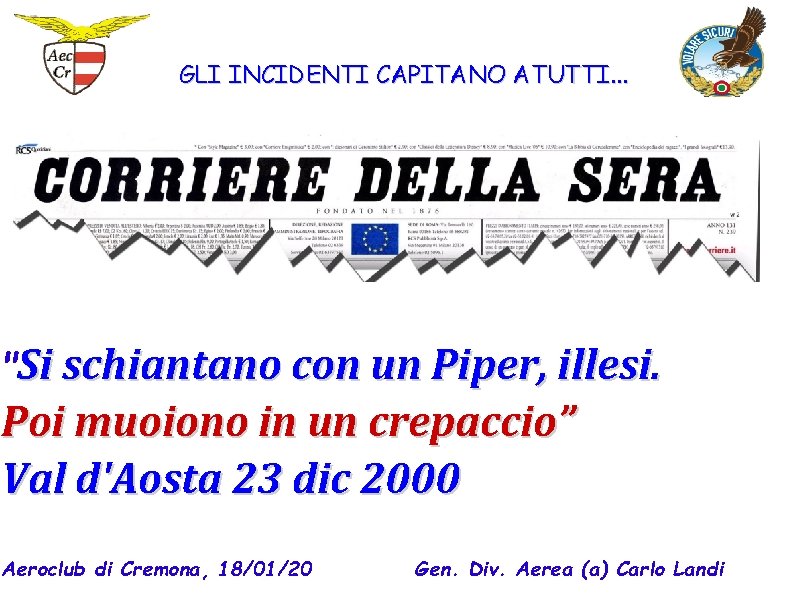 GLI INCIDENTI CAPITANO ATUTTI. . . "Si schiantano con un Piper, illesi. Poi muoiono