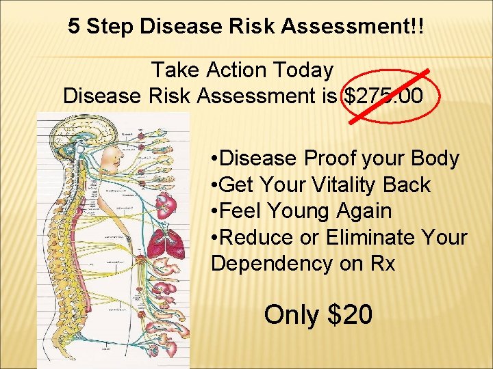 5 Step Disease Risk Assessment!! Take Action Today Disease Risk Assessment is $275. 00