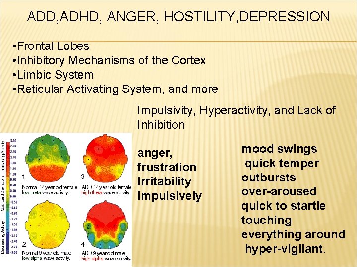 ADD, ADHD, ANGER, HOSTILITY, DEPRESSION • Frontal Lobes • Inhibitory Mechanisms of the Cortex