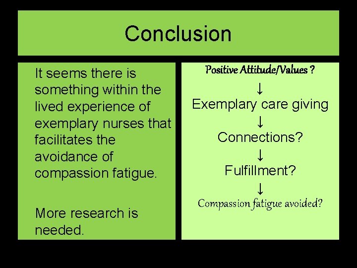 Conclusion It seems there is something within the lived experience of exemplary nurses that