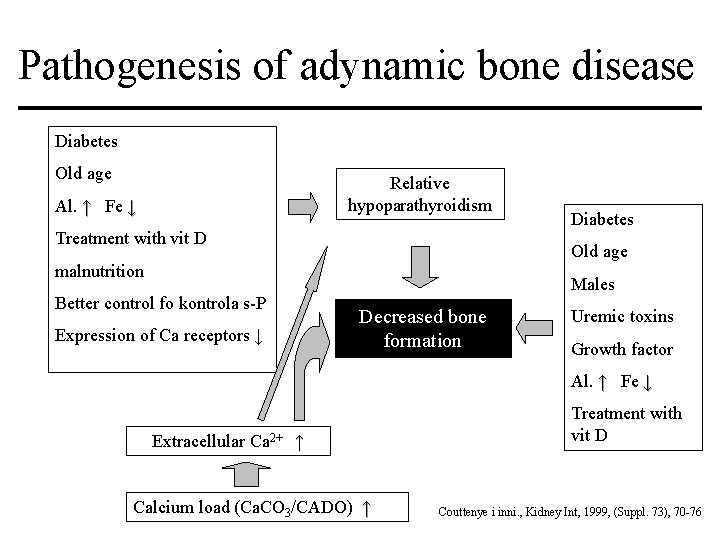 Pathogenesis of adynamic bone disease Diabetes Old age Relative hypoparathyroidism Al. ↑ Fe ↓