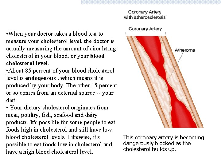 • When your doctor takes a blood test to measure your cholesterol level,