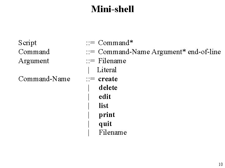 Mini-shell Script Command Argument Command-Name : : = | | | | Command* Command-Name