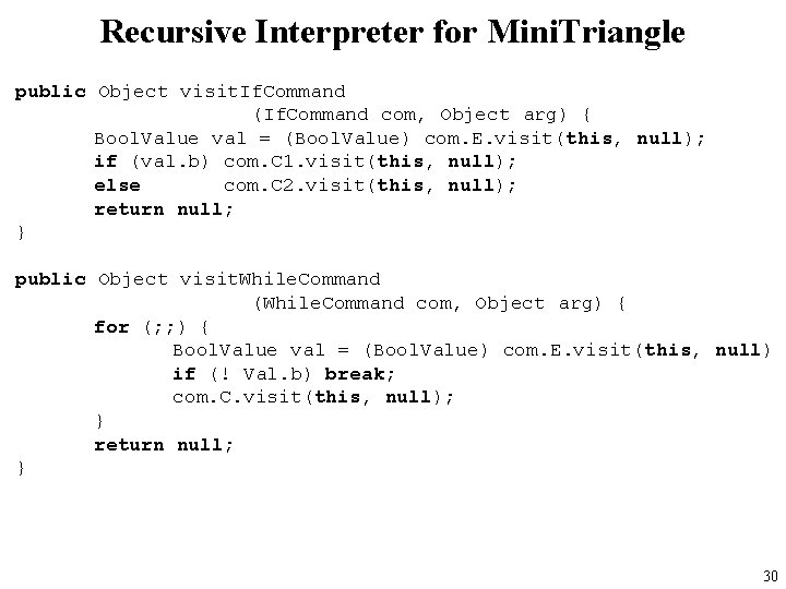 Recursive Interpreter for Mini. Triangle public Object visit. If. Command (If. Command com, Object