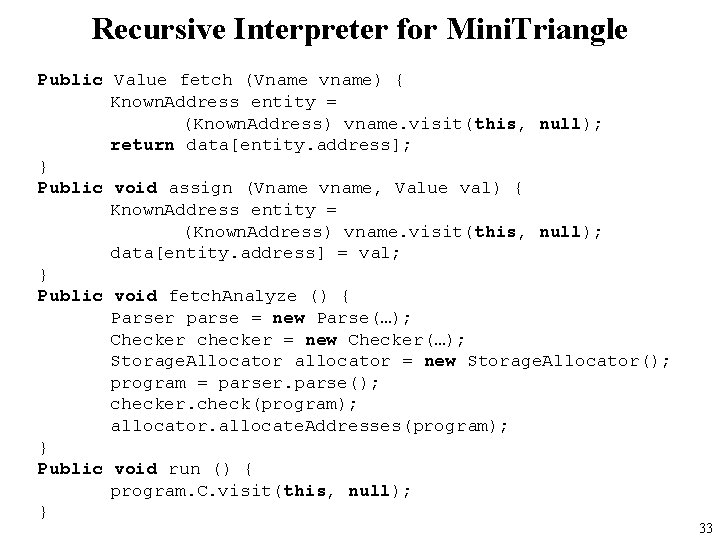 Recursive Interpreter for Mini. Triangle Public Value fetch (Vname vname) { Known. Address entity