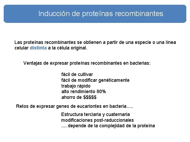 Inducción de proteínas recombinantes Las proteínas recombinantes se obtienen a partir de una especie