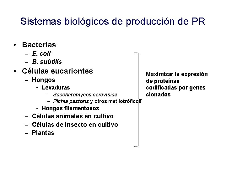 Sistemas biológicos de producción de PR • Bacterias – E. coli – B. subtilis