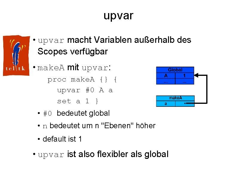 upvar • upvar macht Variablen außerhalb des Scopes verfügbar • make. A mit upvar: