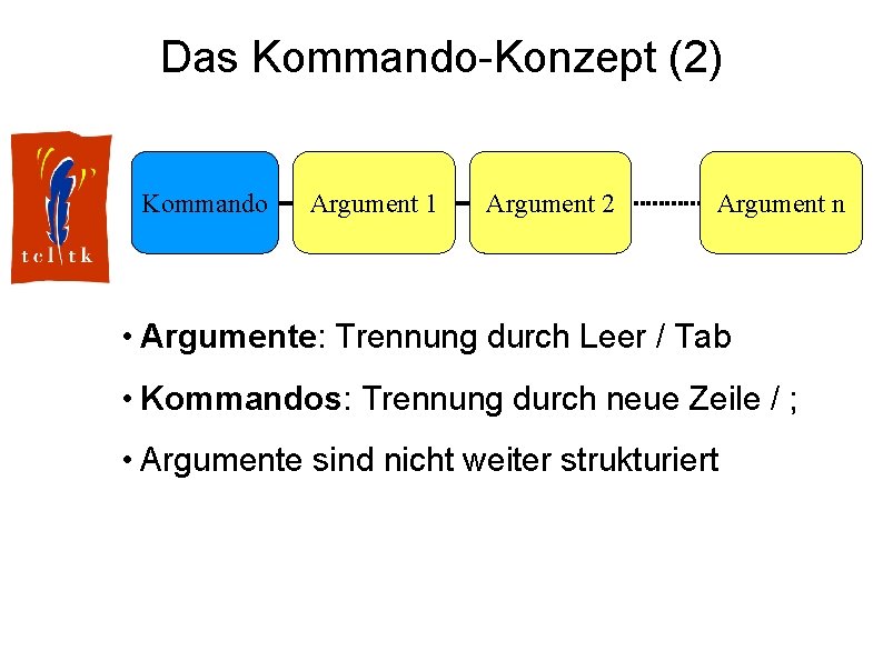 Das Kommando-Konzept (2) Kommando Argument 1 Argument 2 Argument n • Argumente: Trennung durch