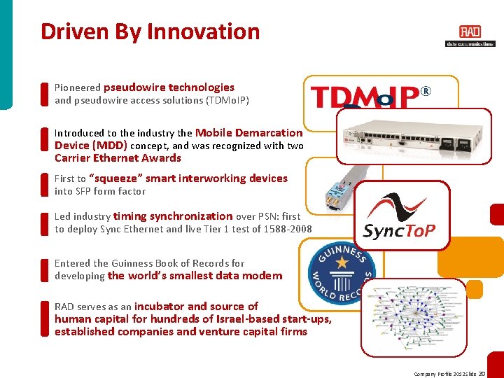 Driven By Innovation Pioneered pseudowire technologies and pseudowire access solutions (TDMo. IP) Introduced to