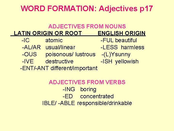 WORD FORMATION: Adjectives p 17 ADJECTIVES FROM NOUNS LATIN ORIGIN OR ROOT ENGLISH ORIGIN