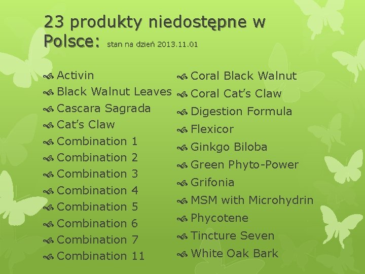 23 produkty niedostępne w Polsce: stan na dzień 2013. 11. 01 Activin Black Walnut