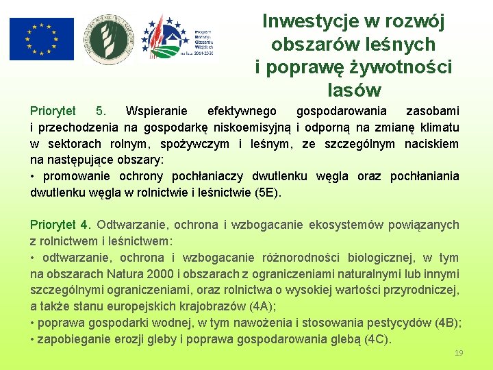 Inwestycje w rozwój obszarów leśnych i poprawę żywotności lasów Priorytet 5. Wspieranie efektywnego gospodarowania