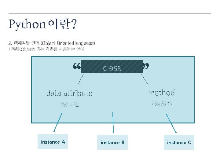 Python 이란? 2. 객체지향 언어 (Object-Oriented language) : 객체(Object) 라는 개념을 사용하는 언어 기능