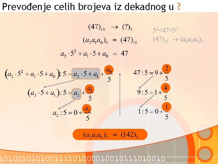 Prevođenje celih brojeva iz dekadnog u ? 52<47<53 (47)10 (a 2 a 1 a