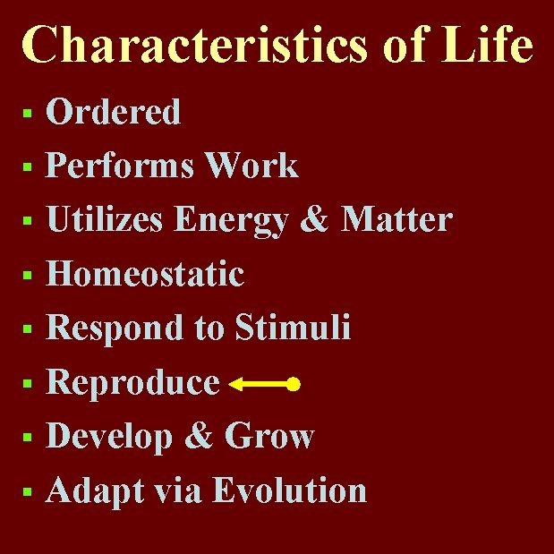 Characteristics of Life Ordered § Performs Work § Utilizes Energy & Matter § Homeostatic