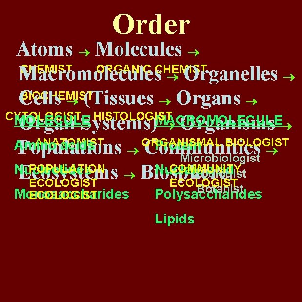Order Atoms Molecules CHEMIST ORGANIC CHEMIST Macromolecules Organelles BIOCHEMIST Cells (Tissues Organs CYTOLOGIST HISTOLOGIST