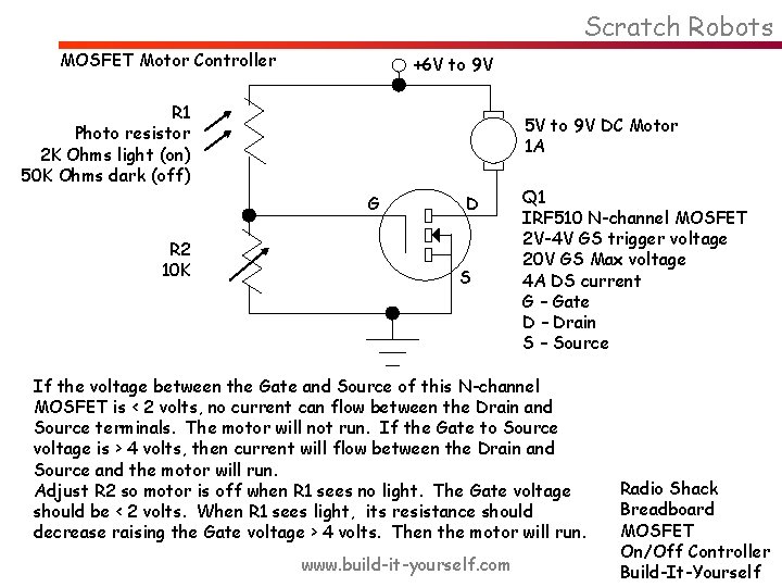 Scratch Robots MOSFET Motor Controller +6 V to 9 V R 1 Photo resistor