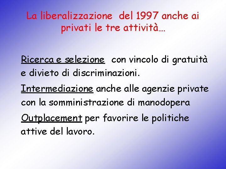 La liberalizzazione del 1997 anche ai privati le tre attività… Ricerca e selezione con