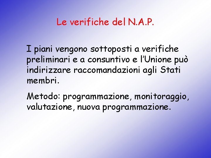 Le verifiche del N. A. P. I piani vengono sottoposti a verifiche preliminari e