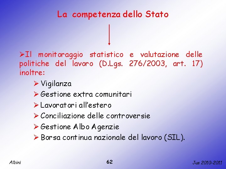 La competenza dello Stato ØIl monitoraggio statistico e valutazione delle politiche del lavoro (D.