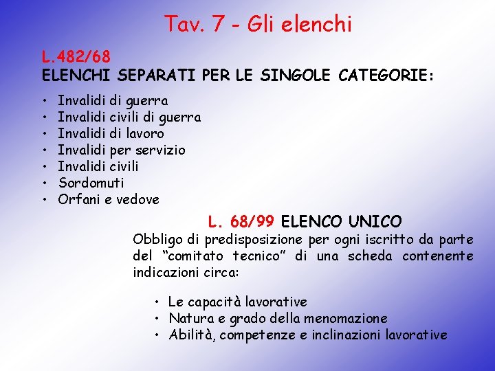 Tav. 7 - Gli elenchi L. 482/68 ELENCHI SEPARATI PER LE SINGOLE CATEGORIE: •