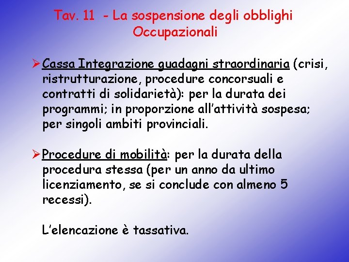 Tav. 11 - La sospensione degli obblighi Occupazionali Ø Cassa Integrazione guadagni straordinaria (crisi,