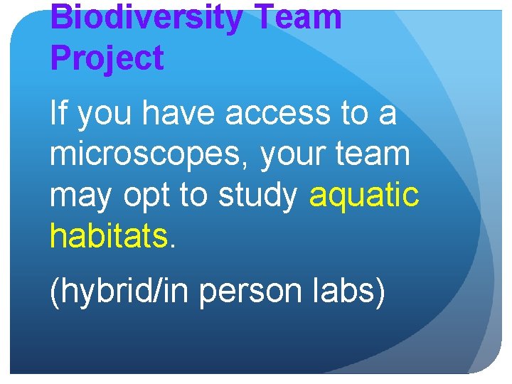 Biodiversity Team Project If you have access to a microscopes, your team may opt