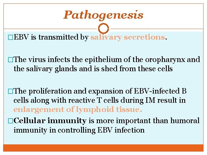 Pathogenesis �EBV is transmitted by salivary secretions. �The virus infects the epithelium of the