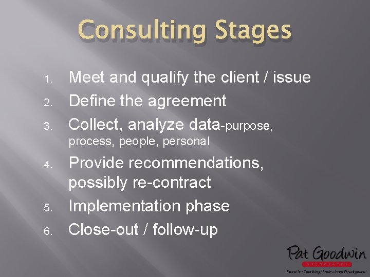 Consulting Stages 1. 2. 3. Meet and qualify the client / issue Define the